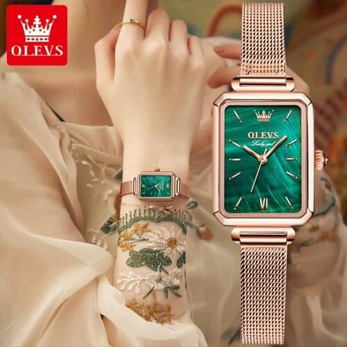 OLEVS Women Watches Fashion Square Ladies Quartz Watch Green Dial Simple Rose Gold Mesh Luxury Women Watches Relogio Feminino