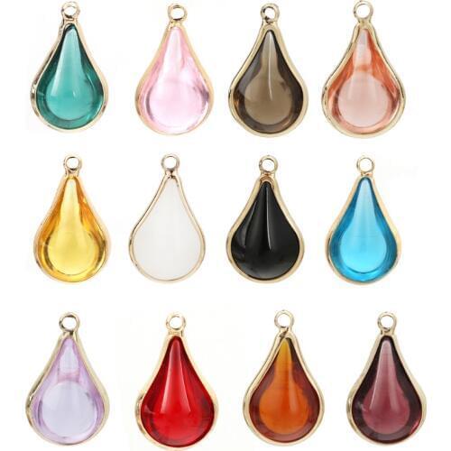 DoreenBeads Fashion Copper & Glass Pendant Drop Gold Peacock Blue Colorful Charms 18mm x10mm( 6/8" x 3/8") - 17mm x10mm, 5 PcS