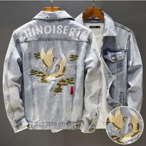 Mens Spring Autumn Chinoiserie Embroidered Cranes Chinese Style Denim Jacket Fashion Streetwear Denim Clothing Casual Coats 5XL