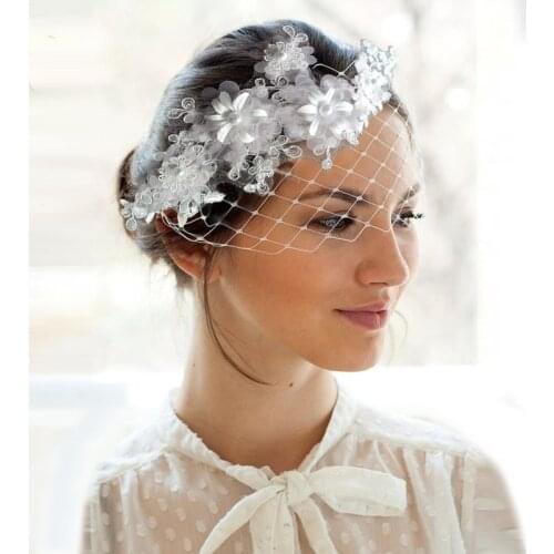 White Pearls Birdcage Veil Appliqued Pure White Colors Mesh Fishnet Veil for Women Wedding Accessories Cocktail Headband Veil