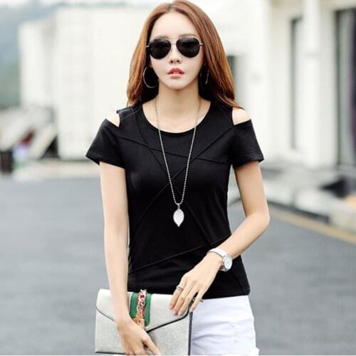 Oversized Womens Strapless T-shirt Short Sleeve Solid Color Hole Round Neck Shirt Loose Ladies Comfortable Simple Top Summer