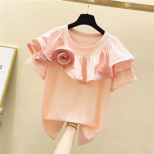 Three-dimensional Flower Ruffled O Neck Short-sleeved T-shirt Female Summer 2021 Korean Loose Simple Half-sleeved T-shirt
