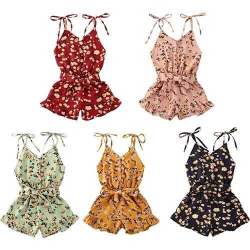 Summer Infant Kids Baby Girls Overalls Flowers Print Sleeveless Single Breasted Jumpsuit Rompers Summer Shorts