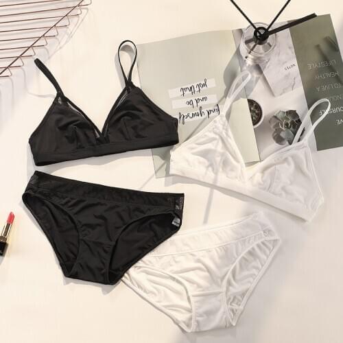 Honviey French ladies bra set without steel ring thin underwear sexy bralette hollow mesh triangle cup lingerie set plus size