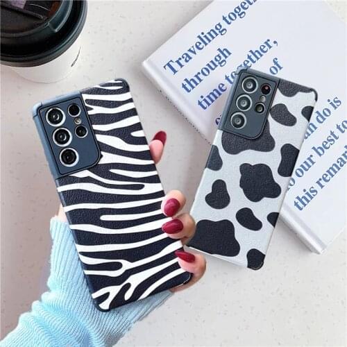 Cute Dairy Cow Zebra-stripe Printed Leather Case For Samsung S21 S20 S10 S8 S9 Plus Ultra S20 FE Note10 20 Shockproof Soft Cover