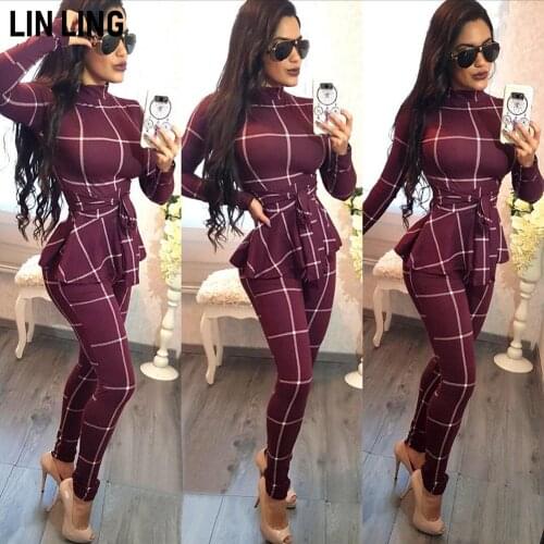LINLING Elegant Belt High Collar Plaid T-shirt Bodycon Casual Street Style Light and Comfortable Leggings Women Pants