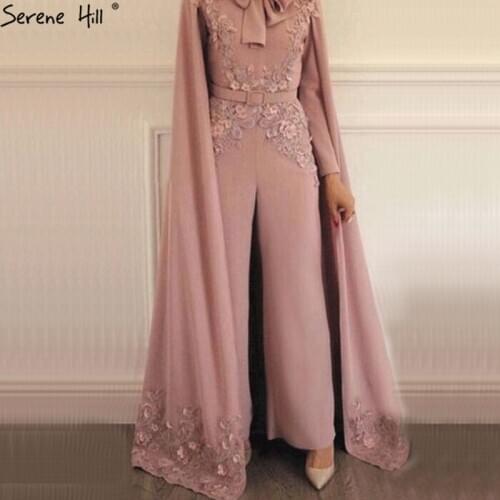 Muslim Pink Jumpsuit Bow Evening Dresses 2020 Long Sleeves Handmade Flowers Pearls Formal Dress Serene Hill LA70504