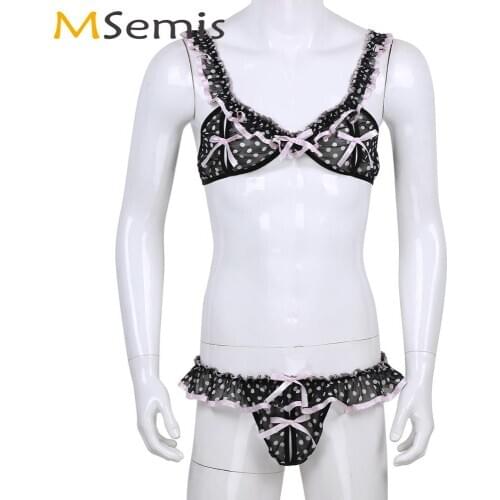 Men Cute Spots Ruffled Lingerie Set Sissy Crossdressing Split Nightwear Sexy Bikini Bra with Micro Thong Exotic Stripper Costume