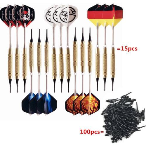 15Pcs 18g Electronic Safe Dart Set Soft Nylon Tip Copper Plated Iron Barrel Aluminum Shaft PET Flight with Spare 100pcs Tip