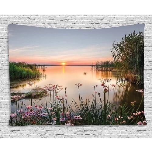 Nature Tapestry Sunset at Chudskoy Lake Estonia View Spring Flowers Landscape Photo Wall Hanging for Bedroom Living Room Dorm