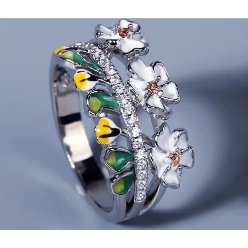 2021 Latest 925 Silver Ring Exquisite Ladies Jewelry Ring Enamel Wreath Vintage Flower Ring Ladies Wedding Engagement Ring