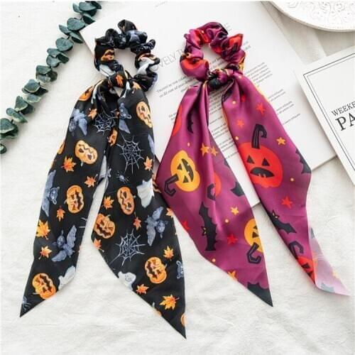 Oaoleer Halloween Hair Scrunchies Christmas Furling Long Ribbon Tie Hair Rope for Women Girls Elastic Hair Ring Hair Accessories