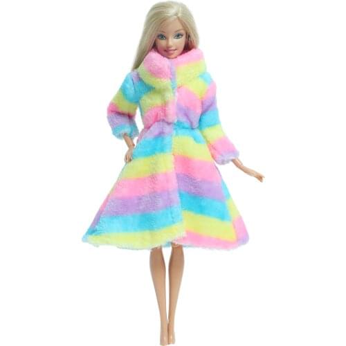 One Set Long Sleeves Colourful Soft Fur Coat Robe Warm Winter Dress Casual Wear Accessories Clothes for Barbie Doll DIY Toys