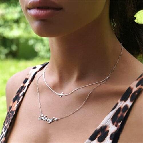 Noelia Personalized Custom Name Layered Necklace Double Chian Cross Pendant Necklace Fashion Jewelry Gift for Women Girl