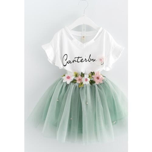 Girls Dresses 2019 Brand Kids Clothes Butterfly Sleeve Letter T-shirt+Floral Voile Dress 2Pcs for Clothing Sets Children Dress