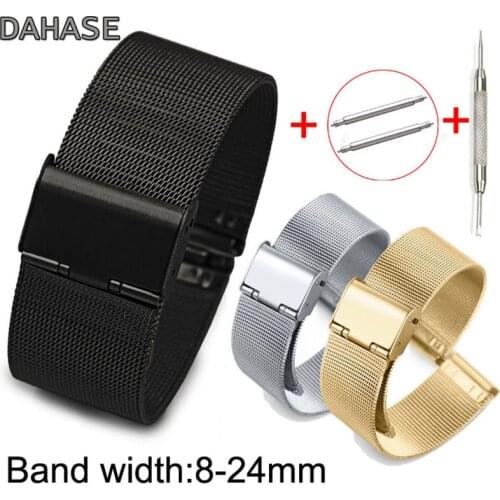 8 10 12 13 14 15 16 17 18 19 20 21 22 23 24mm Stainless Steel ML Loop Strap Fold Buckle Meshed Watch Band with Release Pin