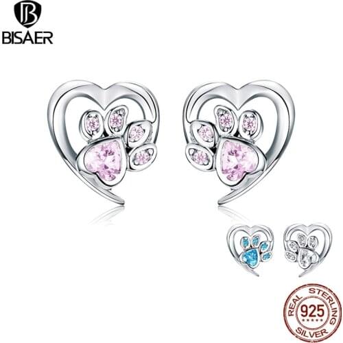 Footprints Earrings BISAER Hot Sale 925 Sterling Silver Dog Pet Cat Footprints Stud Earrings for Women Jewelry ECE654-PK