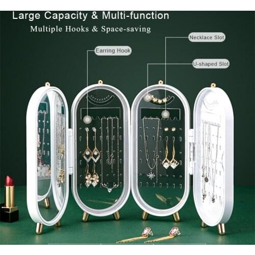 Foldable Jewelry Storage Box Household Earrings Necklace Display Stand High Capacity Luxury Retro Screen Jewelry Organizer Case
