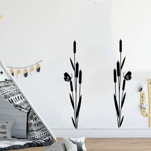 Modern Cattail Butterfly Nature Wall Sticker Kitchen Kids Room Jungle Forest Plant Animal Wall Decal Bedroom Vinyl Decor