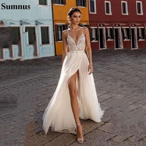 Sumnus Beach Wedding Dresses Sexy Illusion Side Split Boho A-Line Wedding Dresses Pearls Backless Bohemian Bridal Gown 2020