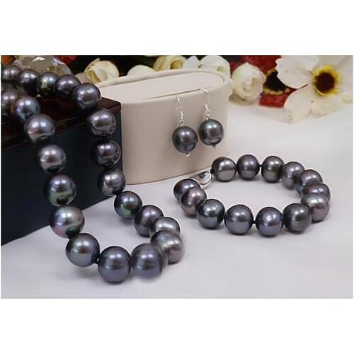 Wedding Women Jewelry set 12mm Black Colors Pearl Gray Blue Brown Mixed bracelet Earrings Natural Freshwater Pearl