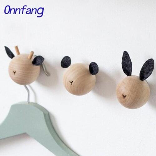 Childrens Room Decoration Animal Head Coat Hook Cartoon Wooden Wall Hooks Kindergarten Baby Newborn Animal Stlye Hook Gift