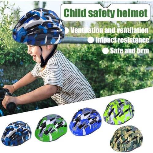 Children and men riding safety helmets Universal camouflage bicycle helmets Garden lawn riding head protection helmets