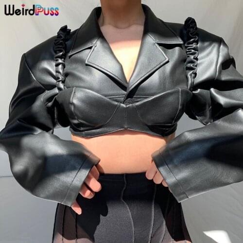 Weird Puss Leather Short Jacket Women Faux Leather Skinny Single Button Chic Crop Top+Bikini Autumn Casual Matching Streetwear