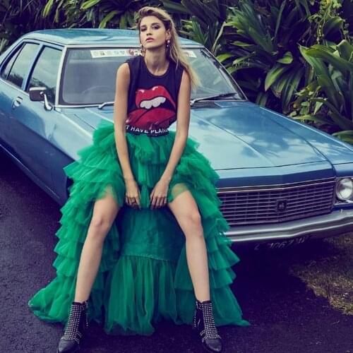 High Street Green Ruffles Tiered High Low Women Tulle Skirts To Party Elastic Puffy Long Tulle Skirt Fenale Bottom