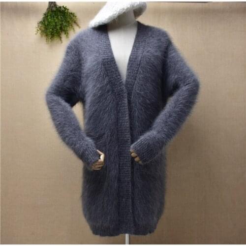 Female women winter clothing hairy mink cashmere knitted long sleeves v-neck loose cardigan long sweater angora fur jacket coat
