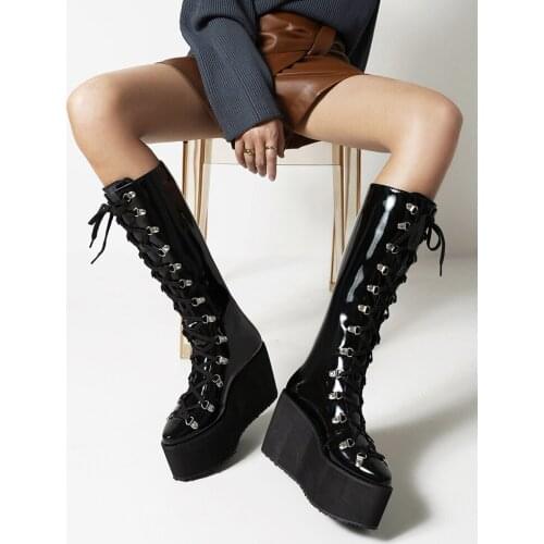 Patent Leather Super High Waterproof Platform Punk Style Motorcycle Boots Super Large High Wedge Heel Womens Knee-Length Boots