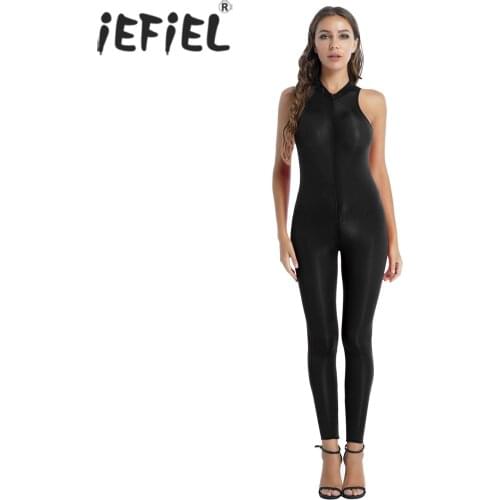 Women Solid Color Tight Jumpsuit Sleeveless Leotard Bodysuit Slim Fit Catsuit Teddies Zipper Front Stretchy Lingerie Costumes