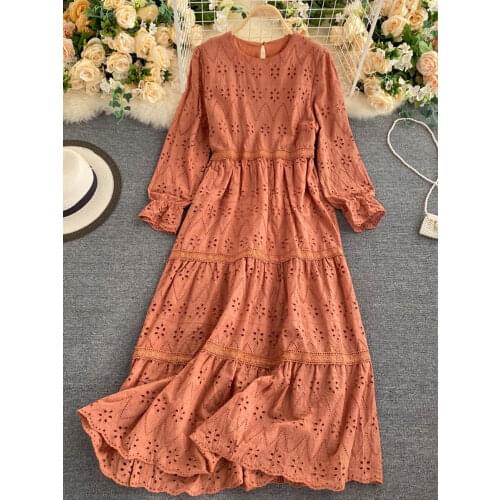 Autumn Hollow Out Long Dress Women Casual Flare Long Sleeve O-neck Embroidery Maxi Dresses Female Vintage New Fashion Fall 2020