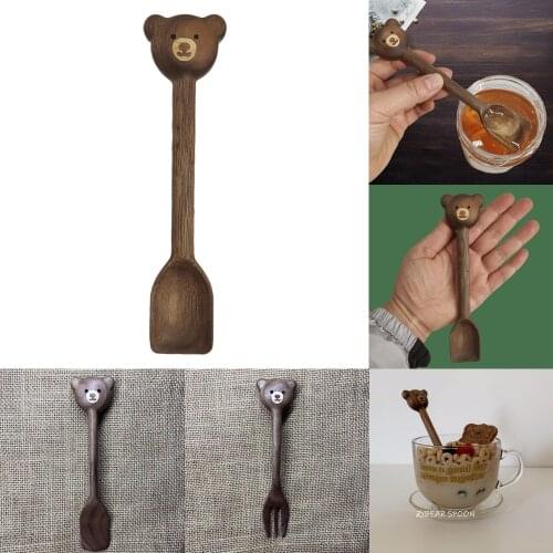 1Pc Bear Cutlery Wooden Spoon Tableware Walnut Coffee Spoon Cartoon Japan Style Handmade Honey Jam Spoon Kitchen Accessories