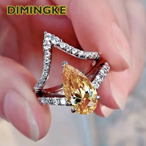 DIMINGKE 100%-S925 Sterling Silver Water Drop Yellow White Diamond 2 Ring Set OL Style Party Romantic Woman High Jewelry
