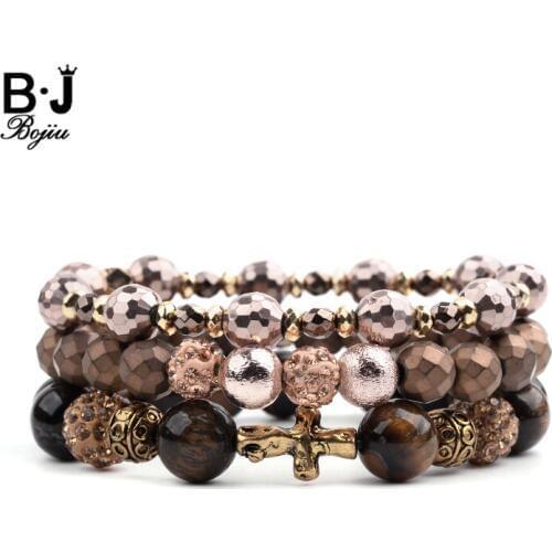 3 Pcs/Set Natural Stone Vintage Womens Bracelets Boho Tiger Eye Jaspers Crystal Hematite Plastic Wood Beads Bracelets BCSET271