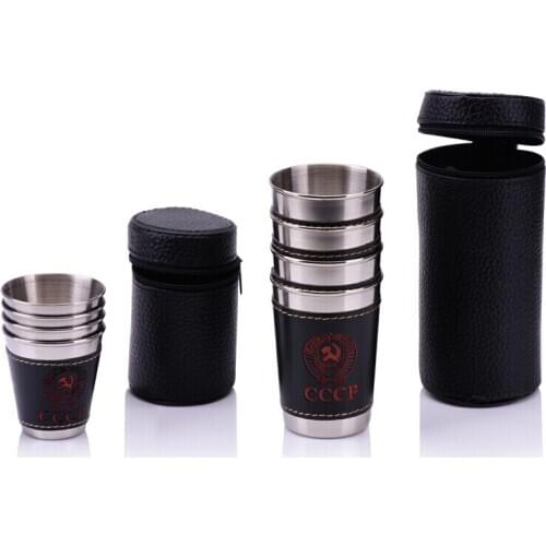 4Pcs 170ml Stainless Steel Travel Cups Portable Outdoor Camping Cup With Black PU Leather Tableware Wine Whiskey Mugs For Picnic