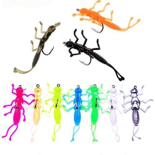 8Colors 10Pcs Soft Stonefly Nymph with #10 HOOK for Trout Bluegill Perch Creek Fishing Bait Lure Silicone bait