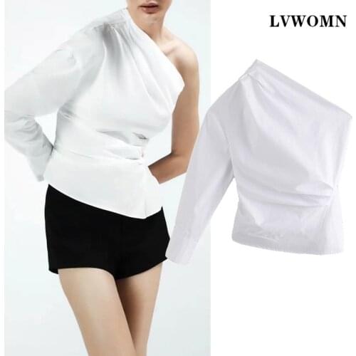 LVWOMN Za Blouses Women White Shirt Spring Asymmetrical Diagonal Shoulder Poplin Long Sleeve Top Woman Casual Back Button Blouse