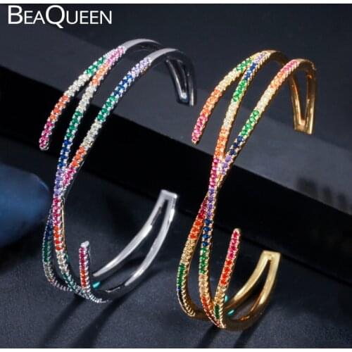 BeaQueen Exquisite Adjustable Size Cuff Bangle Colorful Cubic Zirconia Rainbow Cross Wire Bracelets Bangles Dress Jewelry B172
