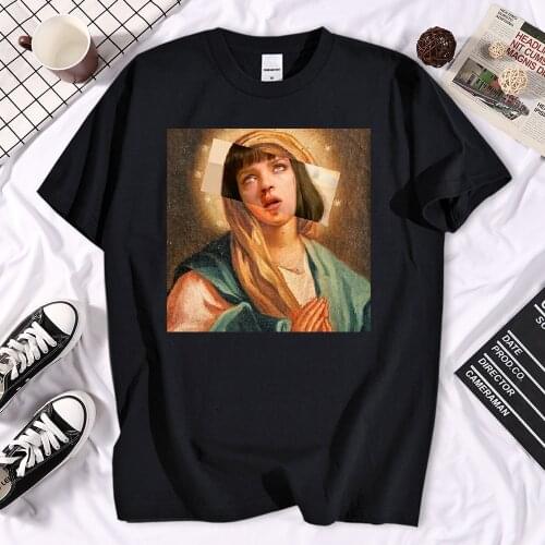Quentin Tarantino Hip Hop T Shirt Movie Pulp Fiction Virgin Mary T Shirt Men Women Shirt Black Green Streetwear Cotton Top Tee