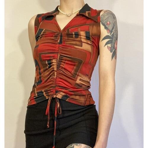 Gothic Print Tank Top Summer Punk Sleeveless V Neck Crop Top Streetwear Ruched Turn Down Collar Camis