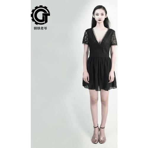 Gothic Dress Women Black One Piece Dress Deep V Neck Sexy Patchwork Lace Party