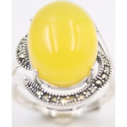 Pure 925 Sterling Silver Ring Width 23mm Marcasite Lace Yellow Chalcedony Bead Ring US Size 7-10 For Woman