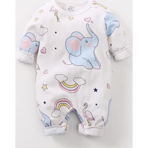 Baby Boys Girls Long Sleeve Cartoon Print Romper Infant Elephant Pattern Jumpsuit Costume Newborn Toddler Keep Warm Clothes