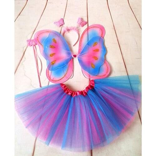 4Pcs Butterfly Wings Set Kids Girls Fairy Double Layers Tutu Skirt Wing Magic Wand Headband Cosplay Clothes Party Costume