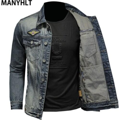 MANYHLT Spring And Autumn 2021 New Mens Solid Color Retro Washed Flight Suit Badge Personalized Simple Cowboy Jacket Man