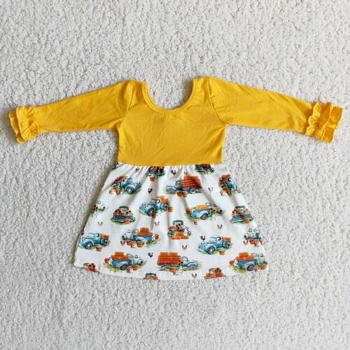 Fashion Icing Ruffle Long Sleeve Kids Frocks O-Neck Design Yellow Top And Pumpkin Truck Print Dresses For Toddler Girls