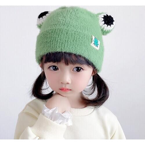 Cartoon Cute Frog Imitated Mink Wool Knitted Bucket Hat Casual Versatile Japanese-style 1-6Years Child Hat Bucket Sun Hat Gorras