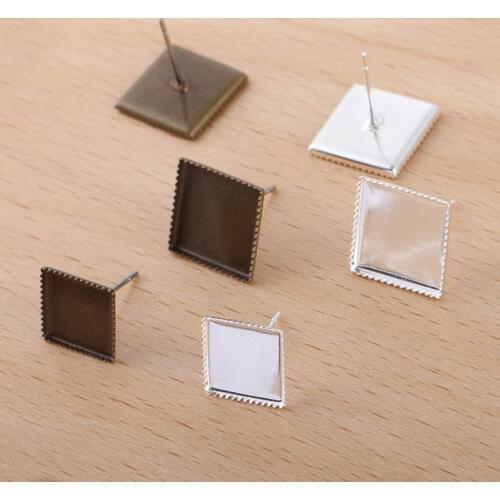 10mm 12mm Square Bezel Tray Cabochon stud Earrings Bases Settings Blank DIY Crafts Findings Wholesale